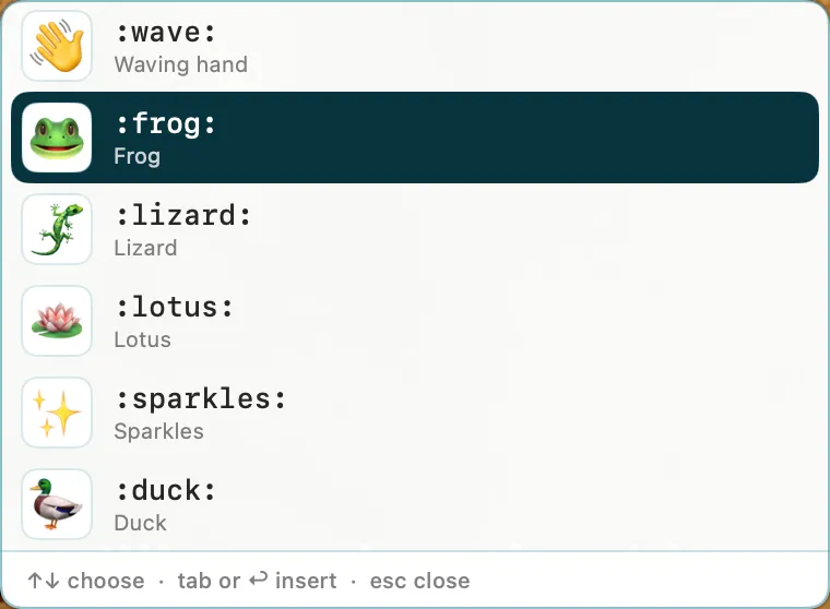 MojiPond suggestions beside a typed frog shortcut, with Frog selected